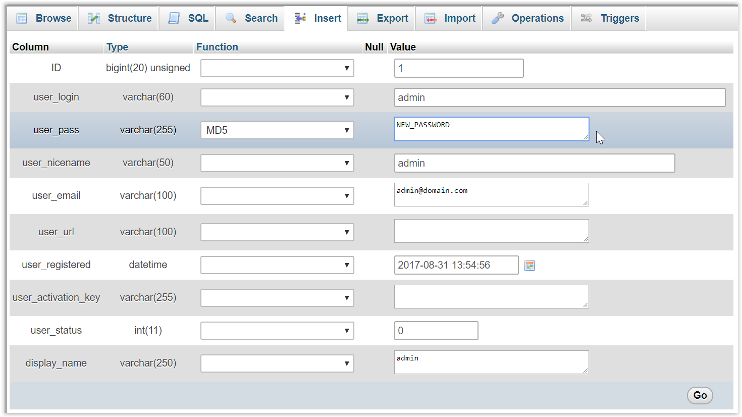 Type in New Password and Set to MD5